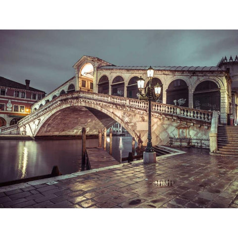 Rialto Bridge at night, Venice, Italy, FTBR-1890 Gold Ornate Wood Framed Art Print with Double Matting by Frank, Assaf