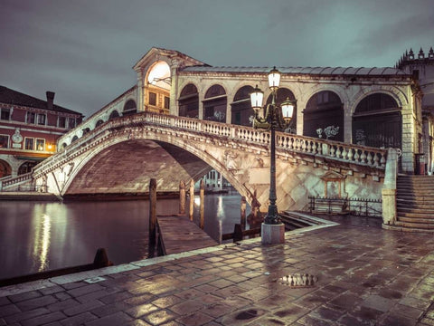 Rialto Bridge at night, Venice, Italy, FTBR-1890 White Modern Wood Framed Art Print with Double Matting by Frank, Assaf