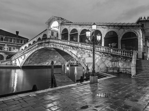 Rialto Bridge at night, Venice, Italy, FTBR-1892 White Modern Wood Framed Art Print with Double Matting by Frank, Assaf