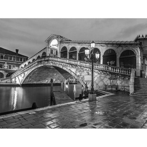 Rialto Bridge at night, Venice, Italy, FTBR-1892 White Modern Wood Framed Art Print by Frank, Assaf