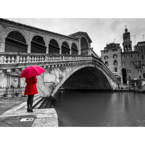 A woman in a red dress holding red umbrella and standing next to the Rialto bridge, Venice, Italy Black Modern Wood Framed Art Print with Double Matting by Frank, Assaf