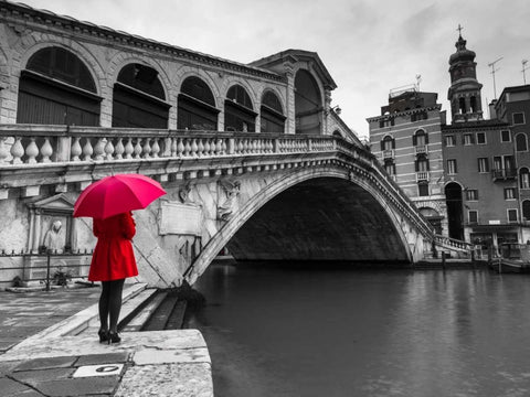 A woman in a red dress holding red umbrella and standing next to the Rialto bridge, Venice, Italy Black Ornate Wood Framed Art Print with Double Matting by Frank, Assaf