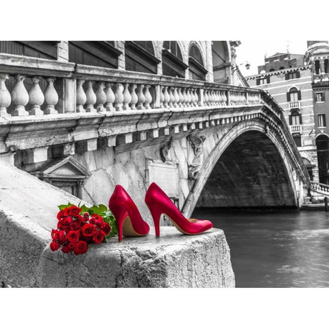 Bunch of red roses and red high heel shoes, Rialto Bridge, Venice, Italy White Modern Wood Framed Art Print by Frank, Assaf