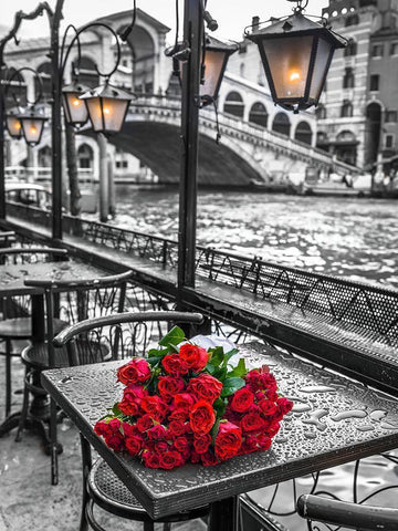 Bunch of red roses on street cafe table-Rialto Bridge-Venice-Italy Black Ornate Wood Framed Art Print with Double Matting by Frank, Assaf