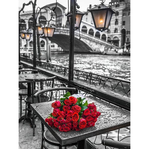 Bunch of red roses on street cafe table-Rialto Bridge-Venice-Italy White Modern Wood Framed Art Print by Frank, Assaf