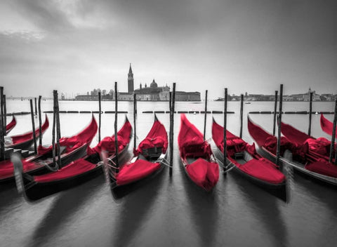 Bunch of Roses and umbrella on pier with gondolas moored in canal, Venice, Italy Black Ornate Wood Framed Art Print with Double Matting by Frank, Assaf