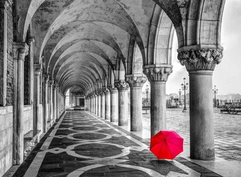 Bunch of Roses and an umbrella on a bench, Venice, Italy Black Ornate Wood Framed Art Print with Double Matting by Frank, Assaf