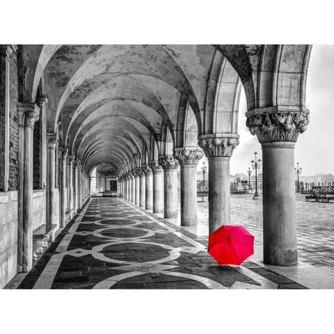 Bunch of Roses and an umbrella on a bench, Venice, Italy Black Modern Wood Framed Art Print with Double Matting by Frank, Assaf