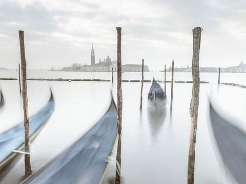 Gondolas in lagoon-Venice White Modern Wood Framed Art Print with Double Matting by Frank, Assaf