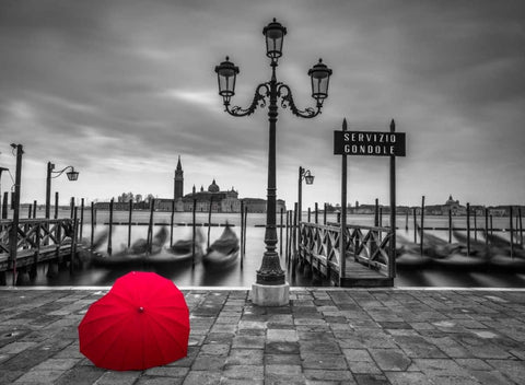 Heart shaped umbrella next to lamp post at Gondola hiring point, Venice, Italy White Modern Wood Framed Art Print with Double Matting by Frank, Assaf