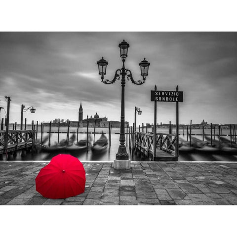 Heart shaped umbrella next to lamp post at Gondola hiring point, Venice, Italy Black Modern Wood Framed Art Print with Double Matting by Frank, Assaf