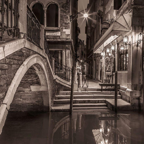 Night shot of cafe by narrow canal-Venice-Italy White Modern Wood Framed Art Print with Double Matting by Frank, Assaf