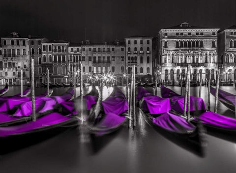 Night shot of grand canal with illuminated buildings and gondolas, Venice, Italy Black Ornate Wood Framed Art Print with Double Matting by Frank, Assaf