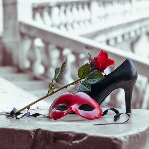 Venetian mask and high heel shoe with red rose, Rialto bridge, Venice, Italy White Modern Wood Framed Art Print with Double Matting by Frank, Assaf