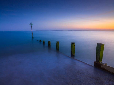 Groynes at dusk, Hayling Island, UK White Modern Wood Framed Art Print with Double Matting by Frank, Assaf