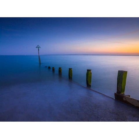 Groynes at dusk, Hayling Island, UK White Modern Wood Framed Art Print by Frank, Assaf