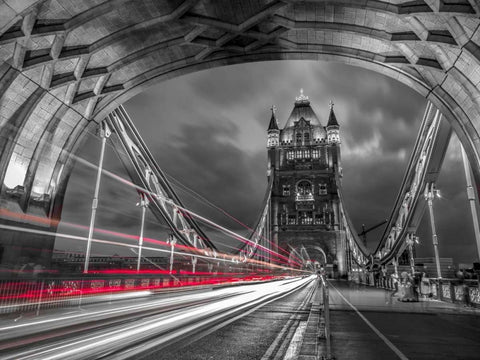 Tower bridge with strip lights, London, UK Black Ornate Wood Framed Art Print with Double Matting by Frank, Assaf