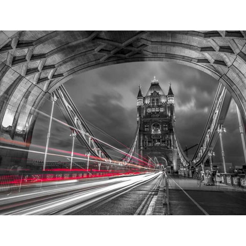 Tower bridge with strip lights, London, UK Black Modern Wood Framed Art Print with Double Matting by Frank, Assaf