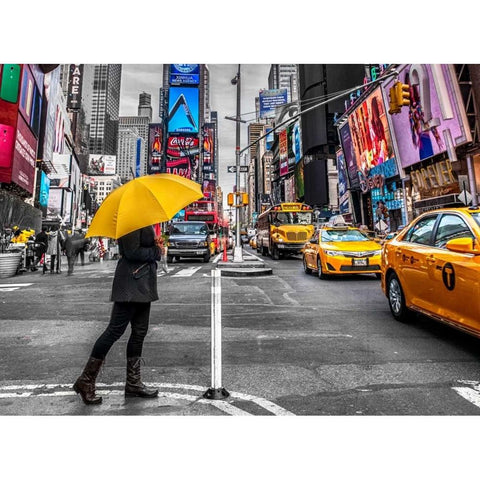 Man with yellow umbrella at Times square, New York White Modern Wood Framed Art Print by Frank, Assaf