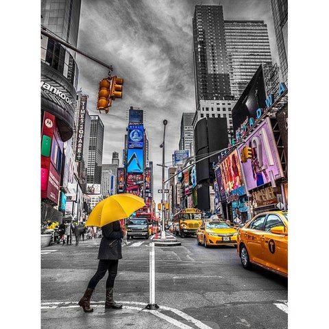 Man with yellow umbrella at Times square, New York Black Modern Wood Framed Art Print with Double Matting by Frank, Assaf