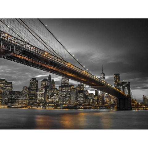 Brooklyn Bridge and lower Manhattan skyline at dusk, New York Black Modern Wood Framed Art Print with Double Matting by Frank, Assaf