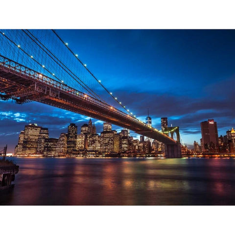 Brooklyn Bridge and lower Manhattan skyline at dusk, New York Black Modern Wood Framed Art Print with Double Matting by Frank, Assaf