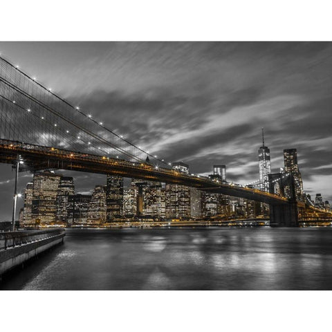 Brooklyn Bridge and lower Manhattan skyline at dusk, New York Black Modern Wood Framed Art Print with Double Matting by Frank, Assaf