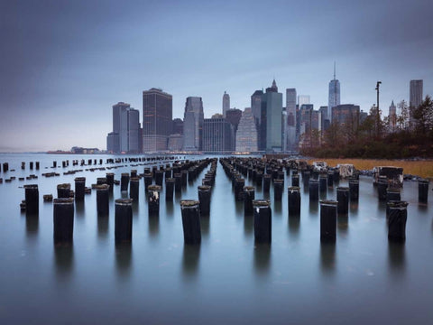 Lower Manhattan Skyline with pier pilings in east river, New York, USA Black Ornate Wood Framed Art Print with Double Matting by Frank, Assaf