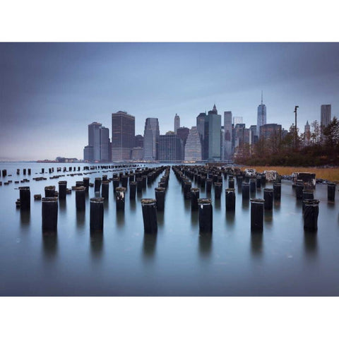 Lower Manhattan Skyline with pier pilings in east river, New York, USA Gold Ornate Wood Framed Art Print with Double Matting by Frank, Assaf