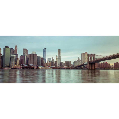 Lower Manhattan skyline with Brooklyn Bridge, New York Black Modern Wood Framed Art Print with Double Matting by Frank, Assaf