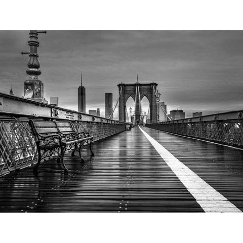 Empty bench on the pedestrian walkway of the Brooklyn Bridge, New York Black Modern Wood Framed Art Print with Double Matting by Frank, Assaf
