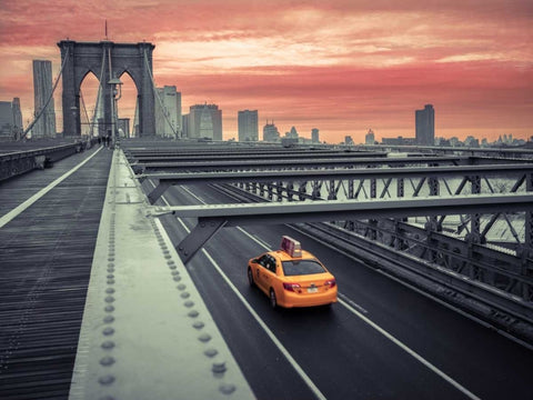 Cab on brooklyn bridge, Manhattan, New York Black Ornate Wood Framed Art Print with Double Matting by Frank, Assaf