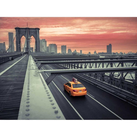 Cab on brooklyn bridge, Manhattan, New York Black Modern Wood Framed Art Print with Double Matting by Frank, Assaf