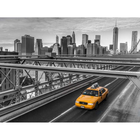Taxi on Brooklyn Bridge, New York Black Modern Wood Framed Art Print with Double Matting by Frank, Assaf