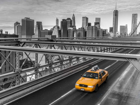 Taxi on Brooklyn Bridge, New York White Modern Wood Framed Art Print with Double Matting by Frank, Assaf