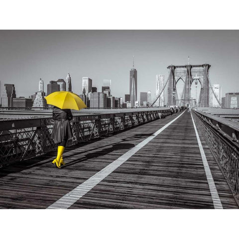 Female tourist with umbrella taking a walk on pedestrian walkway on Brooklyn bridge, New York Black Modern Wood Framed Art Print with Double Matting by Frank, Assaf