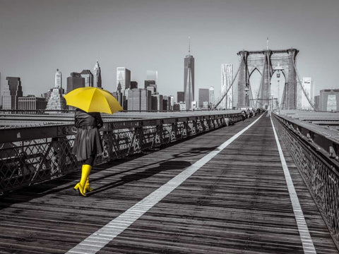 Female tourist with umbrella taking a walk on pedestrian walkway on Brooklyn bridge, New York White Modern Wood Framed Art Print with Double Matting by Frank, Assaf