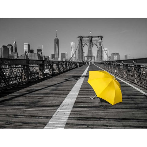 Yellow umbrella on pedestrian walkway on Brooklyn bridge, New York Black Modern Wood Framed Art Print with Double Matting by Frank, Assaf