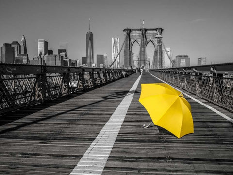 Yellow umbrella on pedestrian walkway on Brooklyn bridge, New York White Modern Wood Framed Art Print with Double Matting by Frank, Assaf