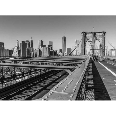 View from Brooklyn bridge with New York skyline in background Black Modern Wood Framed Art Print with Double Matting by Frank, Assaf