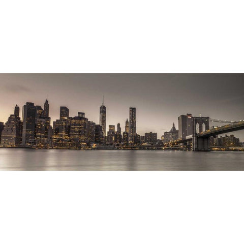 Evening shot of Lower Manhattan skyline, New York Black Modern Wood Framed Art Print with Double Matting by Frank, Assaf