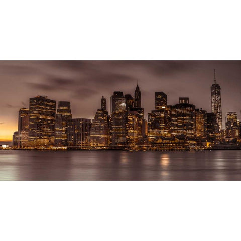 Evening shot of Lower Manhattan skyline, New York Black Modern Wood Framed Art Print with Double Matting by Frank, Assaf