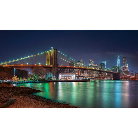 Evening shot of Brooklyn Bridge and Lower Manhattan skyline, New York Black Modern Wood Framed Art Print with Double Matting by Frank, Assaf
