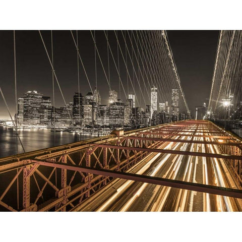Brooklyn Bridge in evening, New York Black Modern Wood Framed Art Print with Double Matting by Frank, Assaf