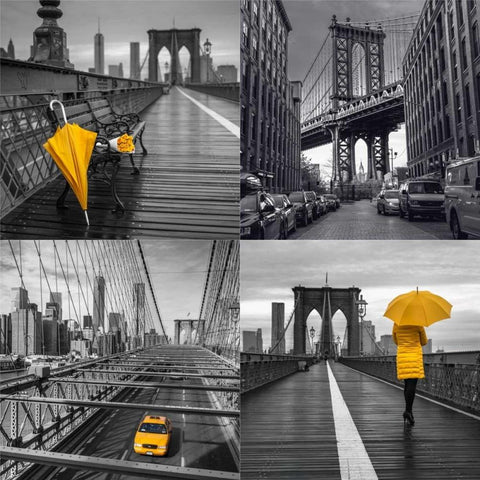 Collage of famous places in New York city Black Modern Wood Framed Art Print with Double Matting by Frank, Assaf