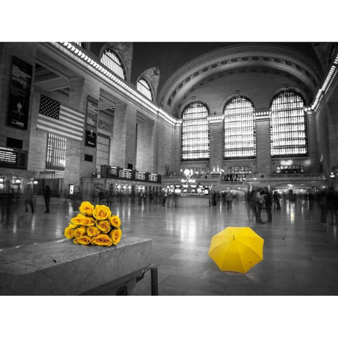 Bunch of yellow roses and umbrella in Grand Central Terminal, New York Black Modern Wood Framed Art Print with Double Matting by Frank, Assaf