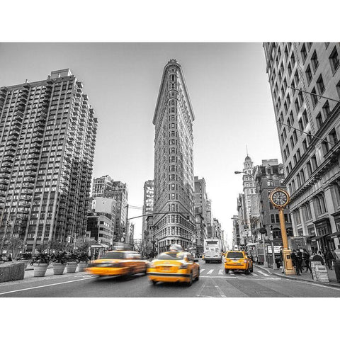 Yellow Taxis- Flatiron Building-Manhattan-New York Black Modern Wood Framed Art Print with Double Matting by Frank, Assaf
