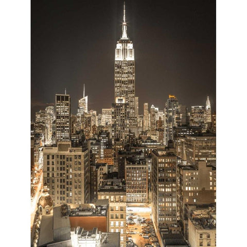 Illuminated Manhattan skyline at twilight - New York City Black Modern Wood Framed Art Print with Double Matting by Frank, Assaf