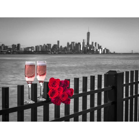 Glasses of Champagne with bunch of roses on railing against Lower Manhattan skylne, New York Black Modern Wood Framed Art Print with Double Matting by Frank, Assaf