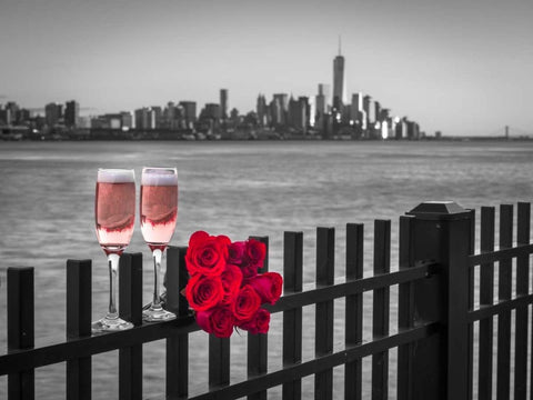 Glasses of Champagne with bunch of roses on railing against Lower Manhattan skylne, New York White Modern Wood Framed Art Print with Double Matting by Frank, Assaf